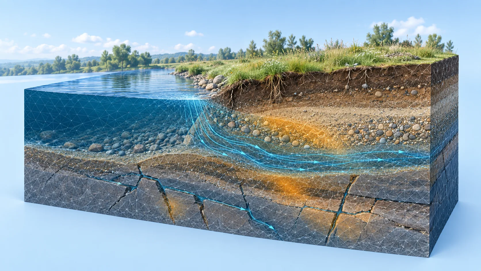 Illustrated cutaway of a riverbank and porous aquifer with a finite-element mesh and flow pathways